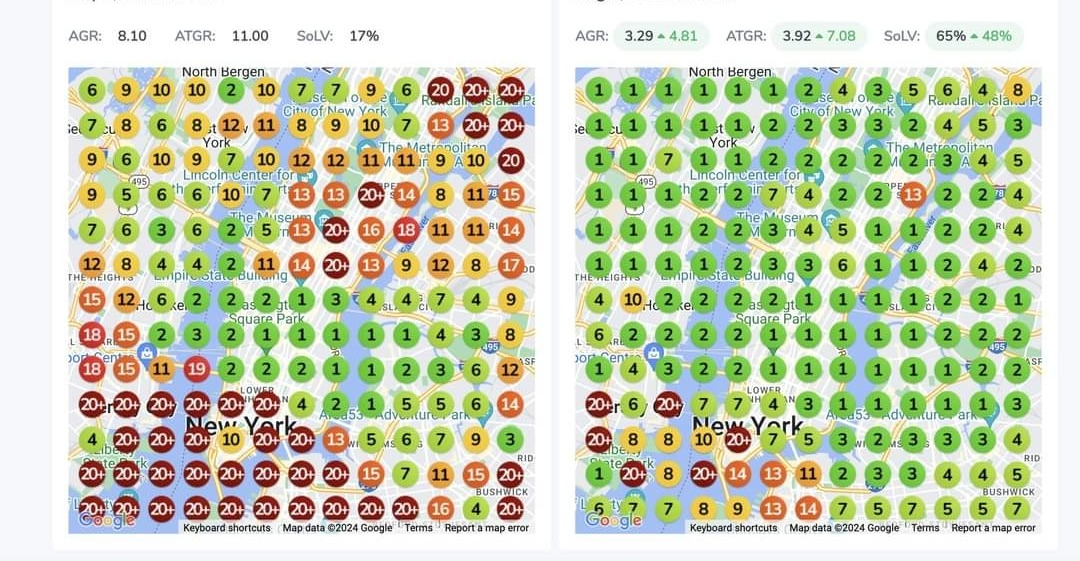 Before and after geo grid showing map pack ranking improvement across New York, SoLV from 17% to 65%