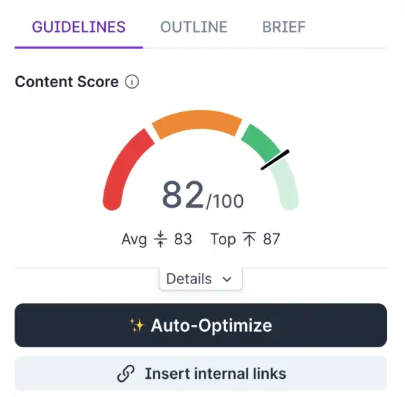 SurferSEO content score 82/100, above average benchmark of 83, top benchmark 87