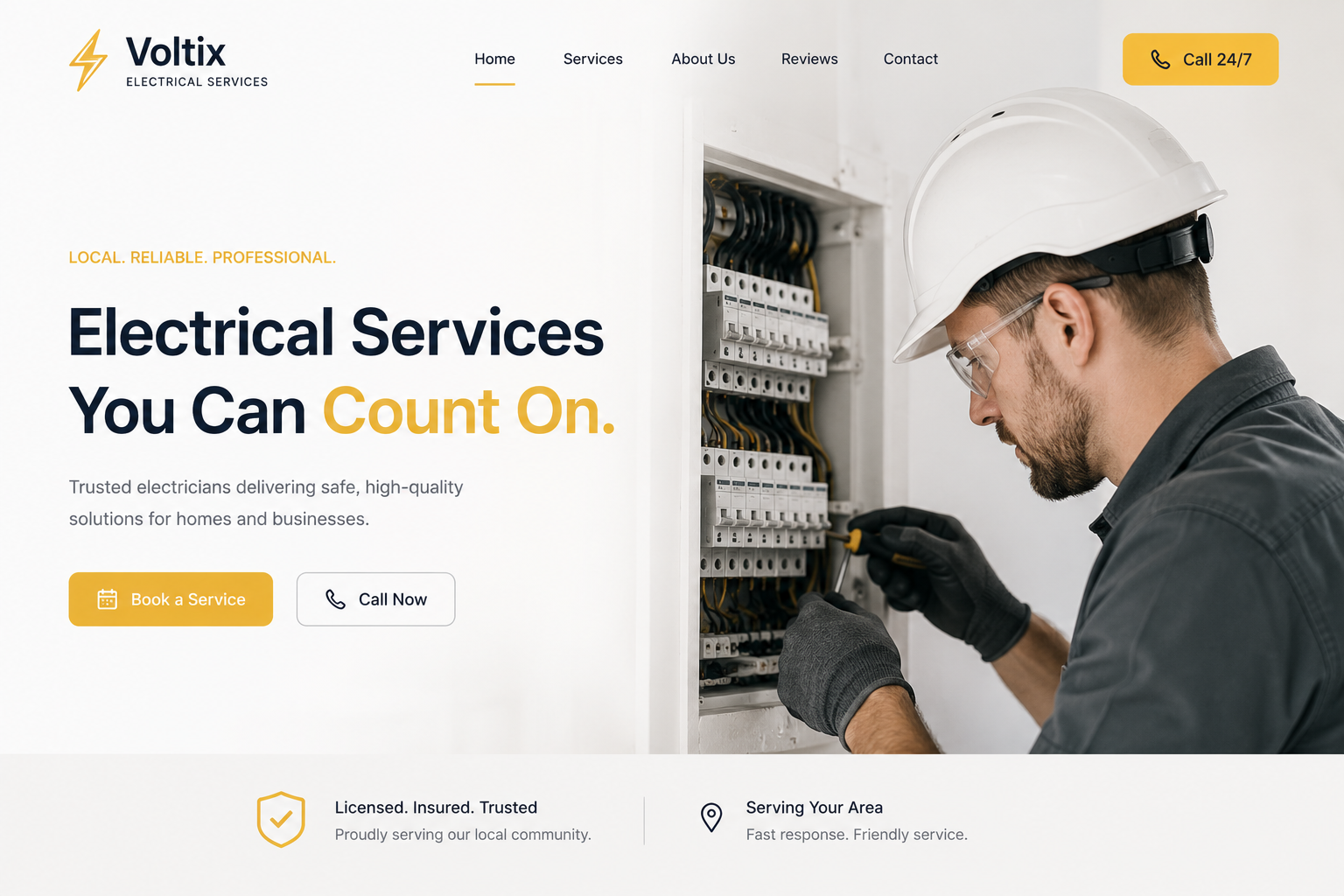 Voltix Electrical Services landing page, hero with Book a Service CTA, Call 24/7, Licensed & Insured trust signals