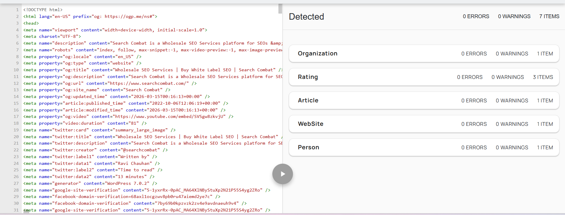 Google Rich Results Test, 7 items detected: Organisation, Rating (3), Article, WebSite, Person, 0 errors, 0 warnings