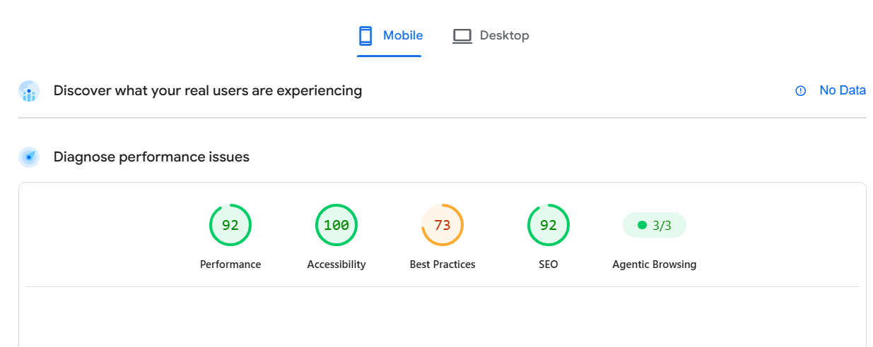PageSpeed Insights showing Performance 92, Accessibility 100, Best Practices 73, SEO 92, Agentic Browsing 3/3
