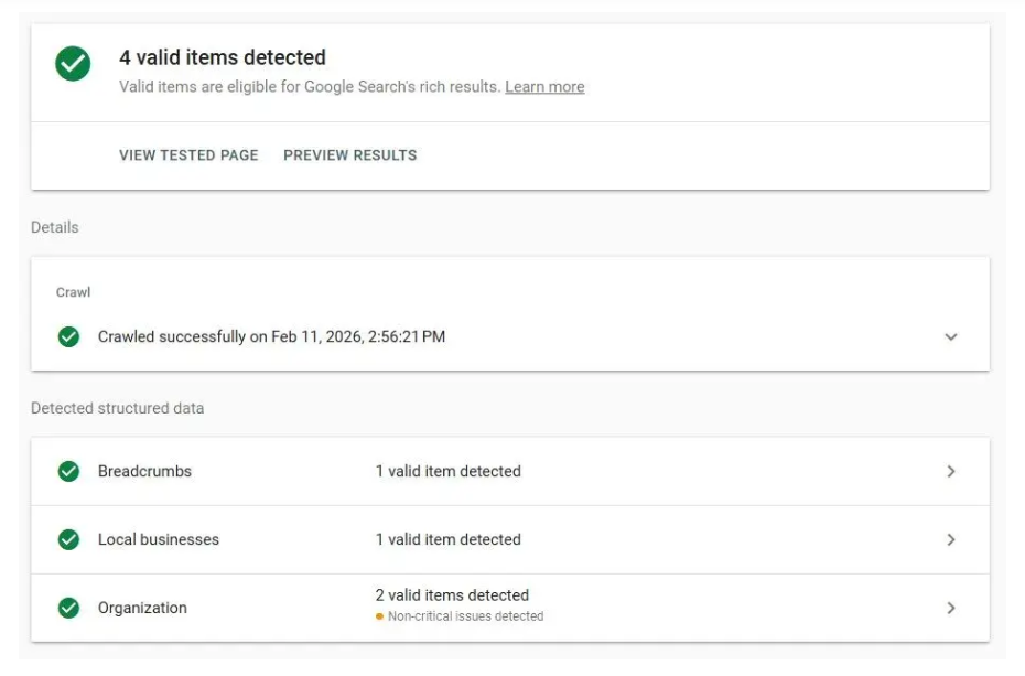Google Rich Results Test, 4 valid items detected: Breadcrumbs, Local businesses, Organisation